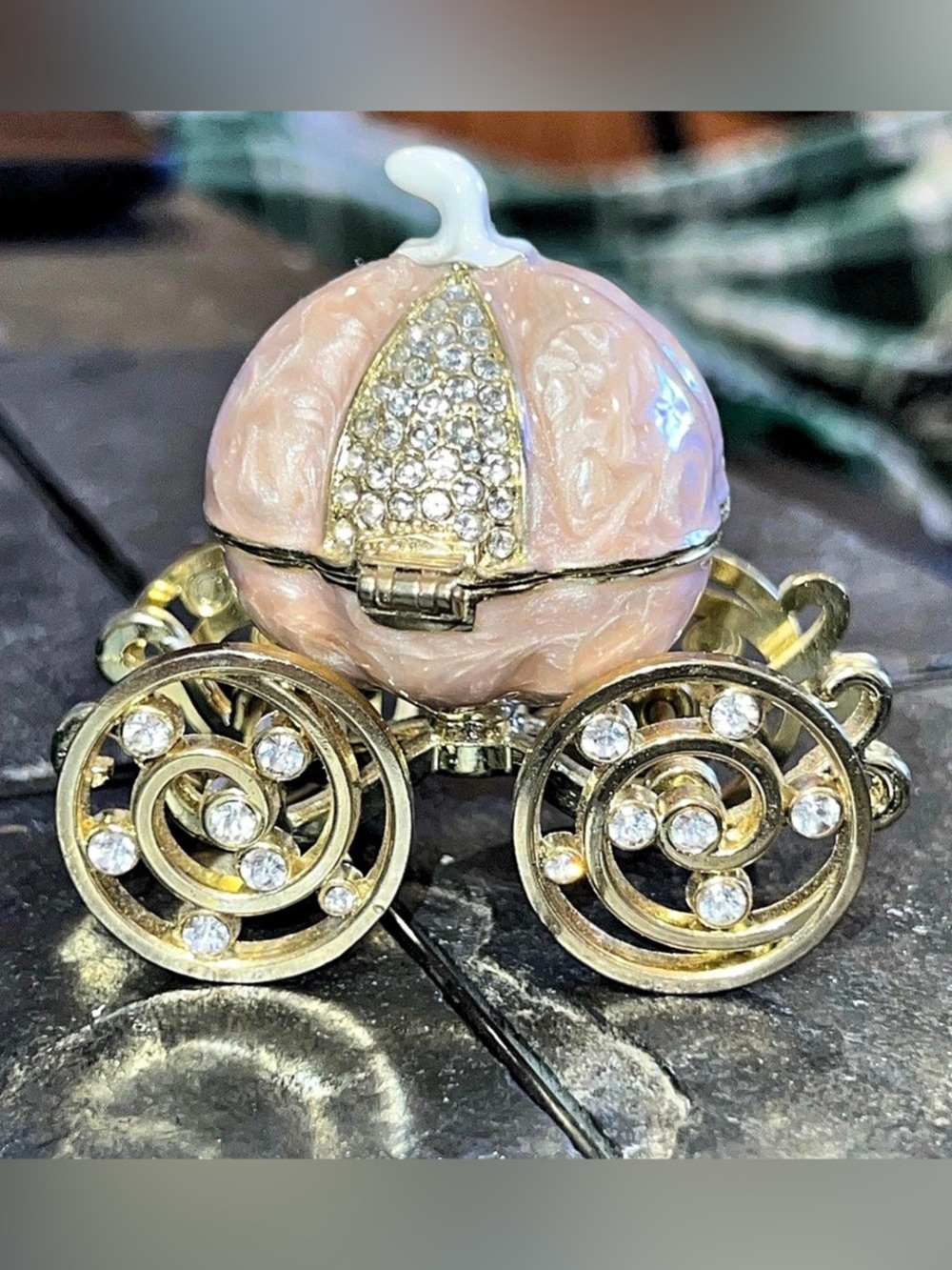 Pumpkin Carriage MINI Trinket Box Pink Enamel / Gold Plate - Displayed Only
